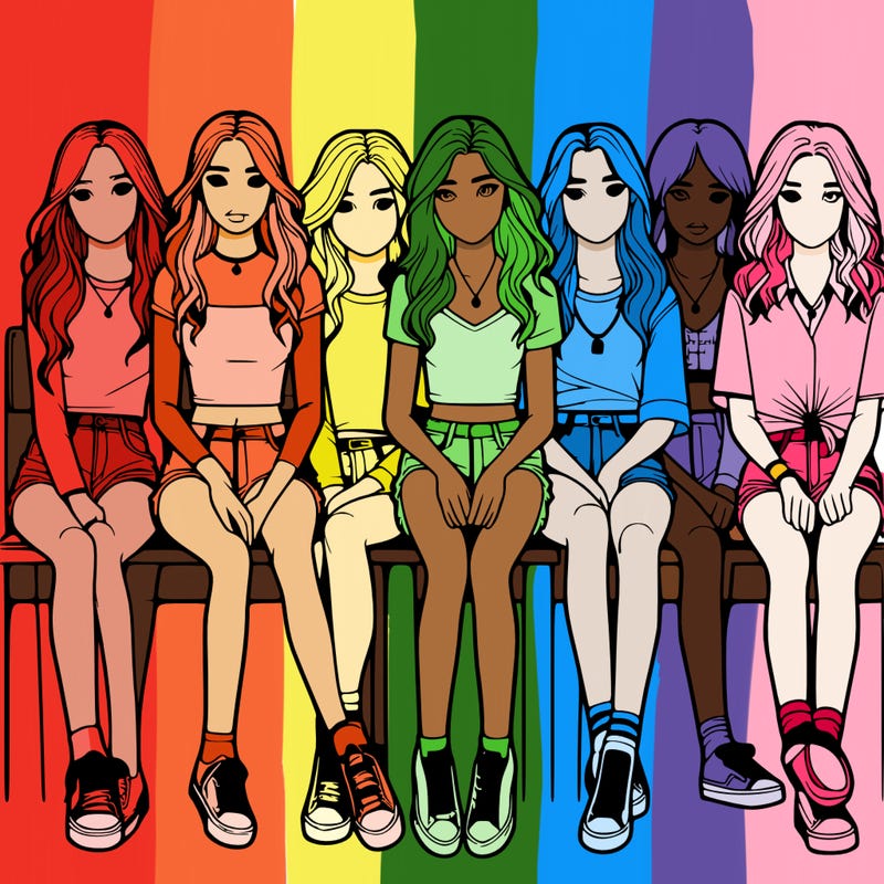 realistic teen girls sitting in a line