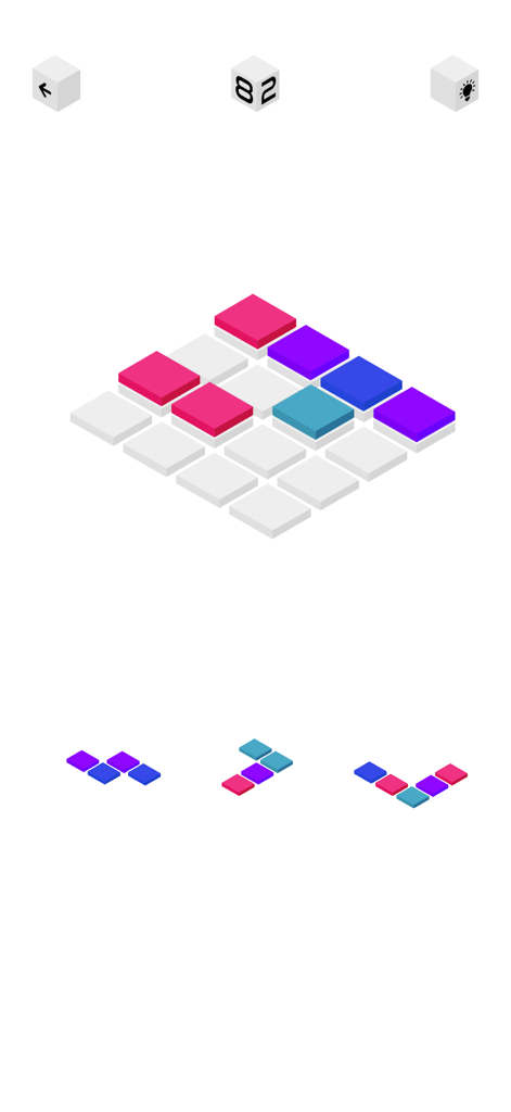 Gameplay screenshot of Black Block Blast featuring colorful 3D blocks on an isometric grid.