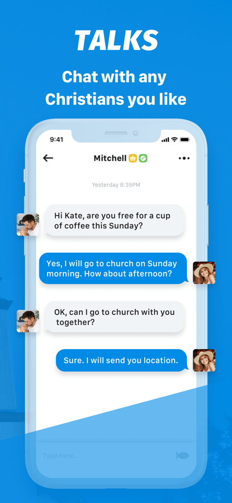 Interface of the CFish dating app showing a chat between two Christian singles planning to attend church together