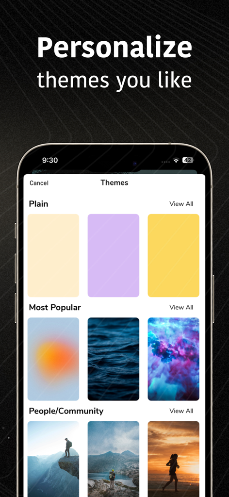 Motivation Daily Quotes - I AM - Un menú en la aplicación Motivation Daily Quotes que muestra varias opciones de tema como colores lisos, fondos de naturaleza y patrones abstractos para personalizar la experiencia del usuario.