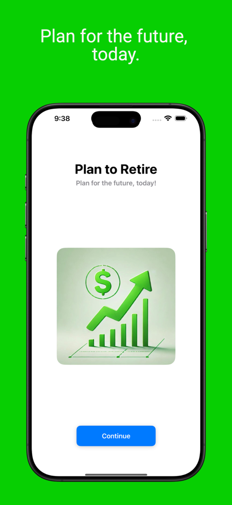 投資成長グラフと緑色の矢印が上昇している「リタイア計画」アプリのウェルカム画面。