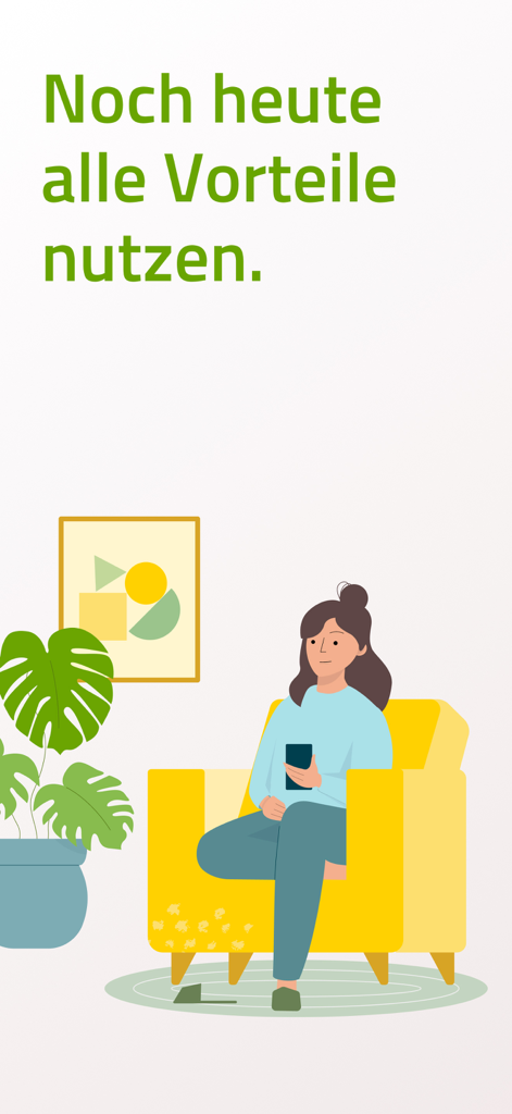 Illustration of a woman sitting in a yellow armchair using the BARMER Teledoktor app on her smartphone