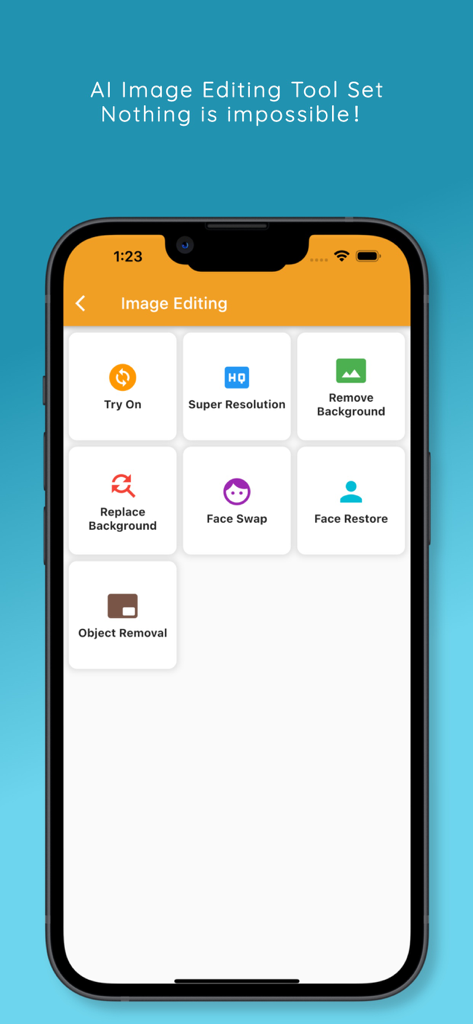 Chat Journey - Pocket AI Buddy - Interfaz de la aplicación móvil de Chat Journey que muestra un menú de herramientas de edición de imágenes con IA que incluyen Prueba Virtual, Super Resolución, Intercambio de Rostros y Eliminación de Fondo.