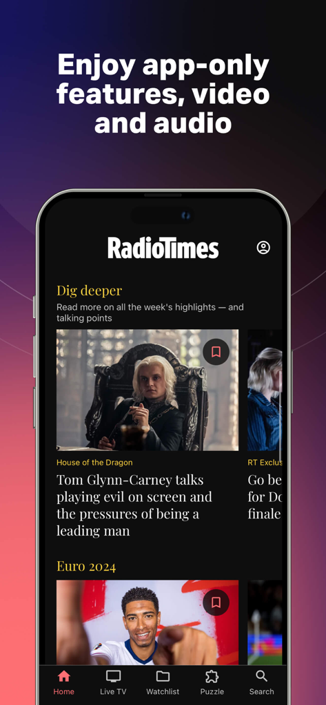 Radio Times - What to watch - Radio Times app home screen displaying exclusive interviews and editorial articles