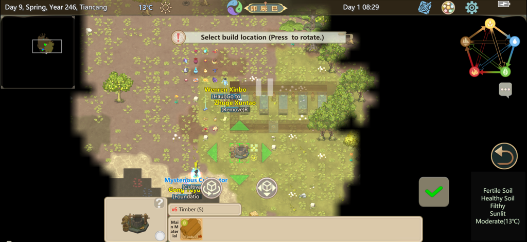 Top-down view of sect building and management interface in Amazing Cultivation Simulator