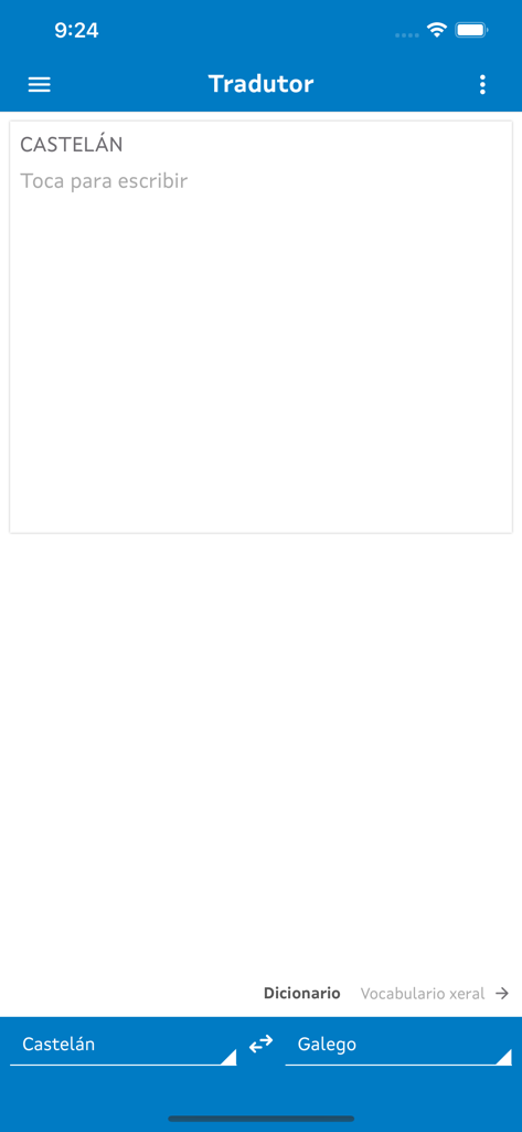 Pantalla principal de traducción de la app Tradutor Gaio para conversión de texto de español a gallego