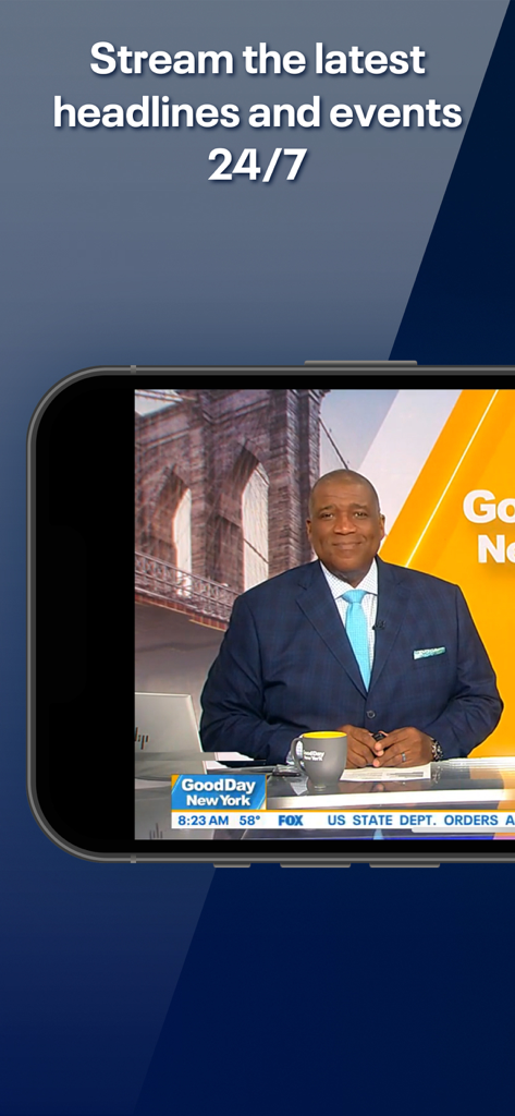 FOX LOCAL: Live News & Weather - A smartphone screen displaying a live news broadcast on the FOX LOCAL app featuring Good Day New York.