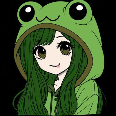 a pretty girl wearing a frog hoodie portrait with long hair