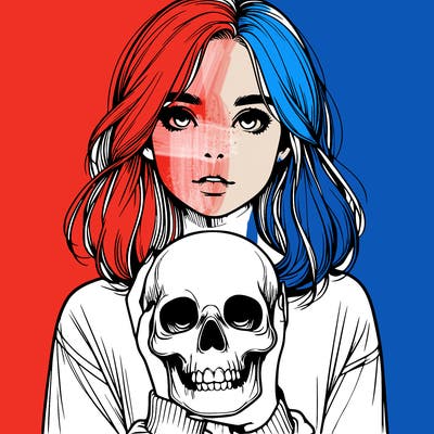 realistic girl holding a skull