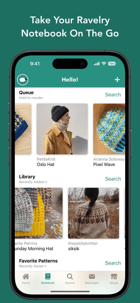 Alpaca: Your Ravelry Companion - Mobile interface of the Alpaca app displaying a knitting pattern queue and library.