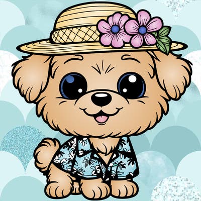 a cute dog with an hawaiian outfit realistic
