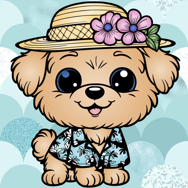 a cute dog with an hawaiian outfit realistic