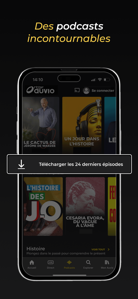RTBF Auvio app interface showcasing a collection of French language podcasts