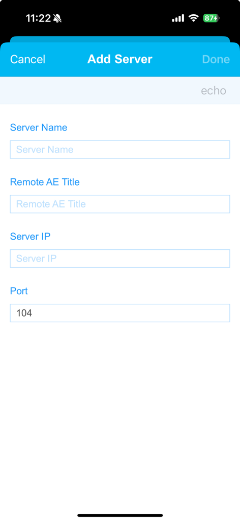 PixDx - Interface for adding a server in the PixDx app with fields for Server Name, Remote AE Title, Server IP, and Port.