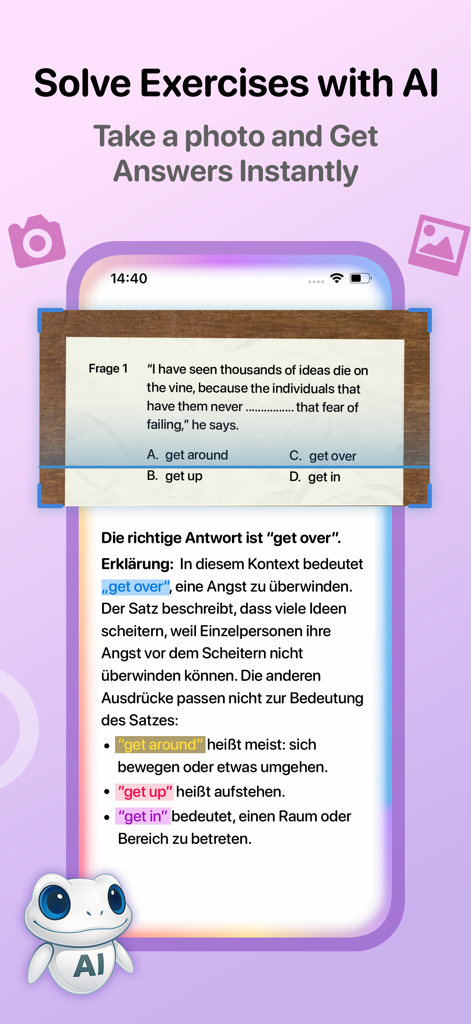 English Well: Learn 4 Skills - AI宿題ヘルプ機能を示すモバイル画面。英語の練習問題の写真がスキャンされ、説明付きで回答されます。