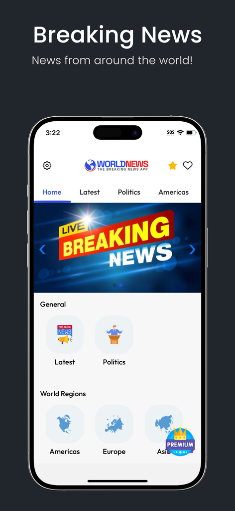 World News: Breaking News App - Pantalla de teléfono inteligente que muestra la página de inicio de la aplicación Noticias Mundiales con noticias de última hora y categorías regionales.