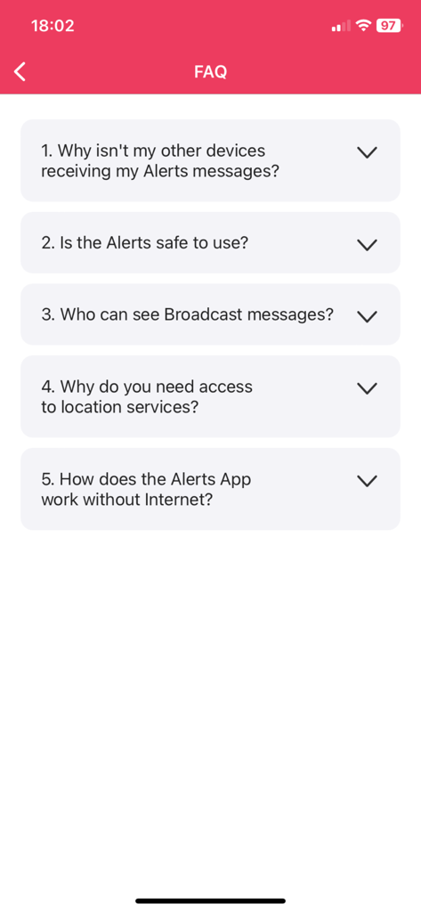 Bridgefy Alerts - FAQ screen of the Bridgefy Alerts app showing questions about safety and offline functionality