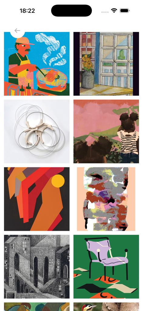 Un'interfaccia di app mobile che mostra una griglia di illustrazioni artistiche colorate e fotografie di luoghi culinari e culturali selezionati.