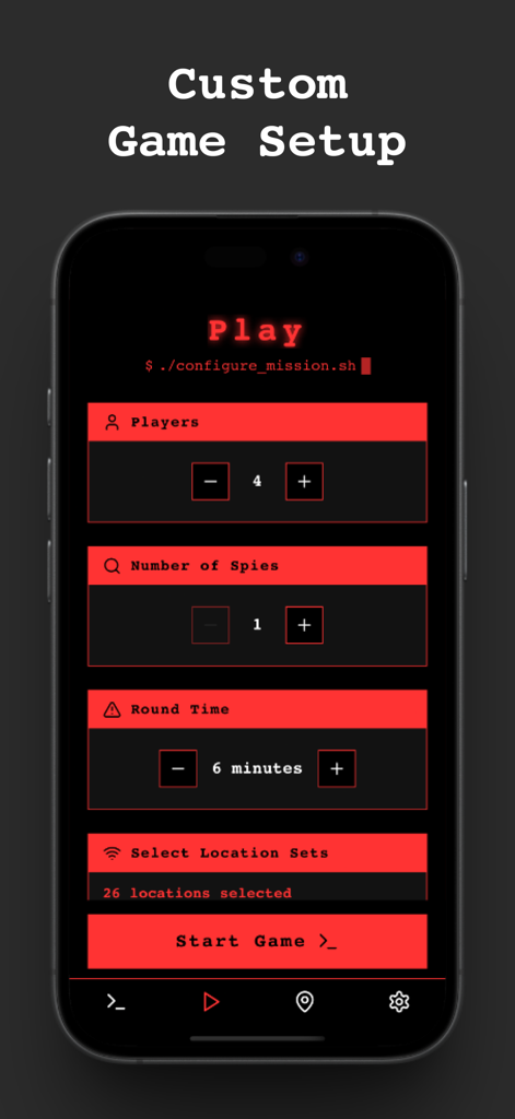 SpyFall: Find the Spy - Custom game setup screen for SpyFall showing settings for players spies and round time in a dark red theme