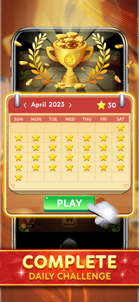 Word Hidden Games - Calendário de desafios diários em Jogos de Palavras Escondidas mostrando recompensas de estrelas e um troféu dourado