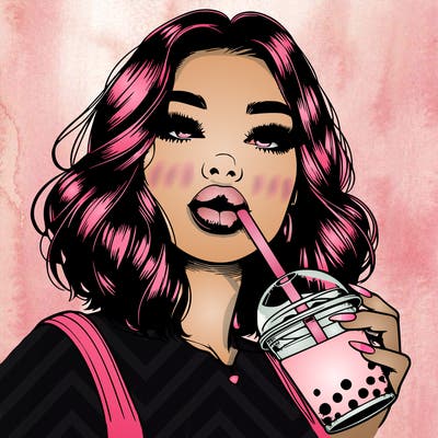 realistic girl with glossy lips holding boba