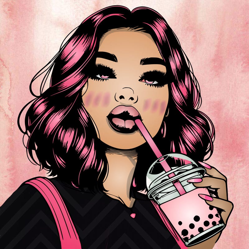 realistic girl with glossy lips holding boba