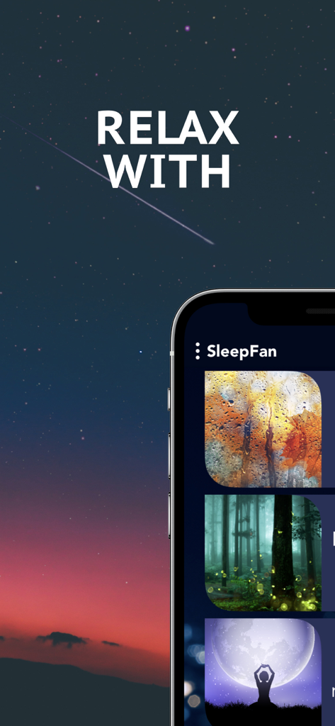 Smartphone displaying the Sleep Fan app interface with various ambient sound options like rain and forest against a starry night sky
