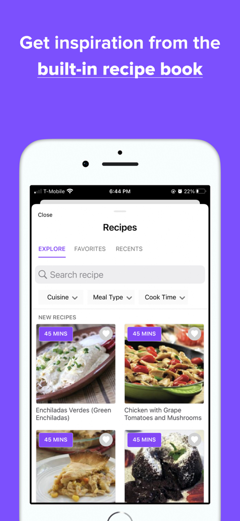 Family Daily: Family Organizer - Family Daily app interface showing the built in recipe library and meal planning filters