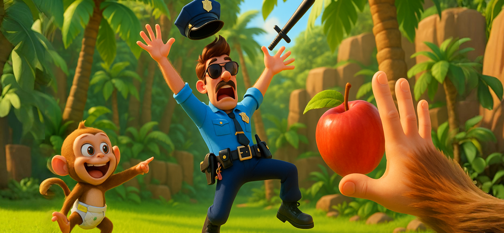 I Am Monkey: Naughty Pranks - A mischievous cartoon monkey laughing at a startled policeman in a tropical jungle