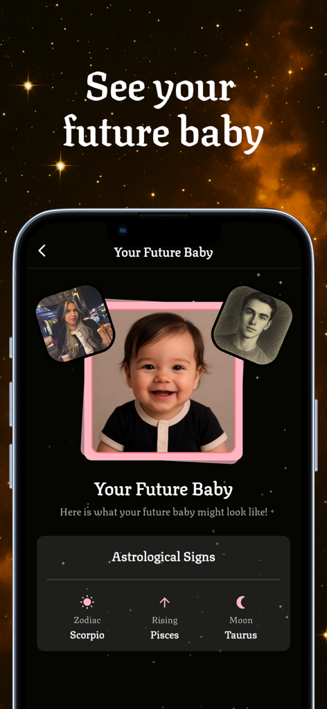 Universe AI: Soulmate Drawing - AI generated prediction of a future baby with astrological signs Scorpio Pisces and Taurus