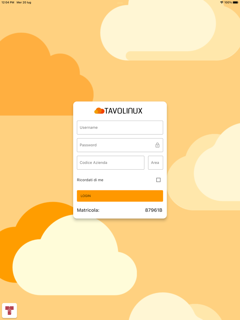 Pantalla de inicio de sesión de la aplicación TPV Tavolinux 3 en un iPad que muestra campos de nombre de usuario y contraseña