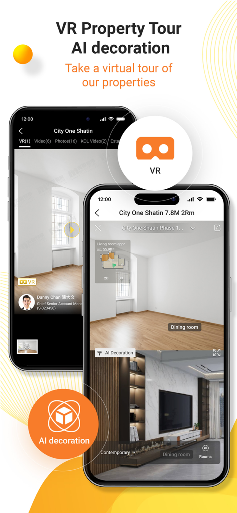 L'application Midland Realty propose une interface avec visites virtuelles et décoration d'intérieur par IA pour la visite à distance de biens immobiliers à Hong Kong.