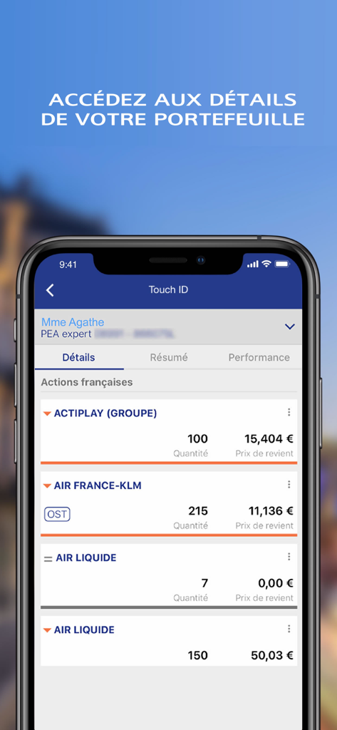 LCL Bourse - Écran de smartphone montrant les détails du portefeuille de l'application LCL Bourse avec les cotations boursières françaises