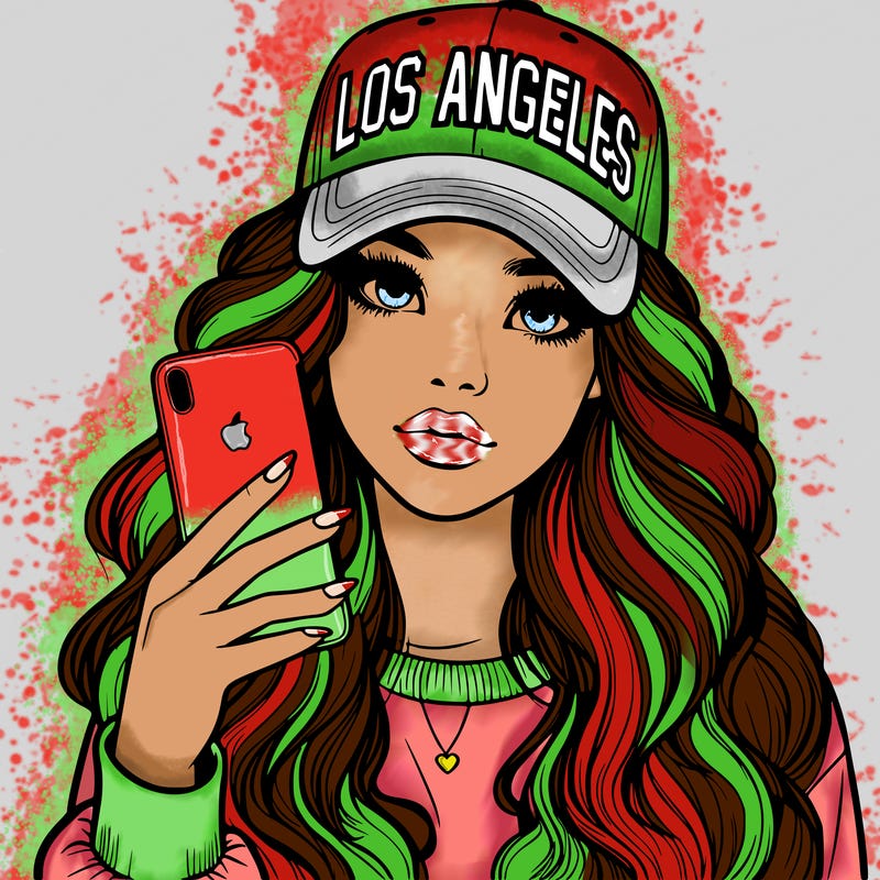 realistic beautiful girl wearing los ángeles cap holding an iphone