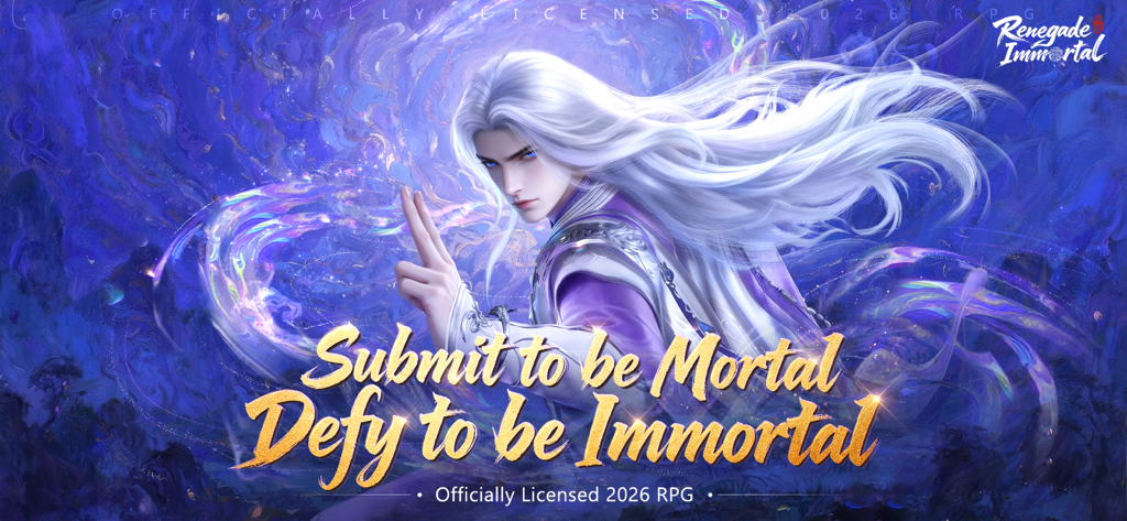 Renegade Immortal - A cultivation hero with long white hair in a mystical blue and purple energy background from the Renegade Immortal RPG game.