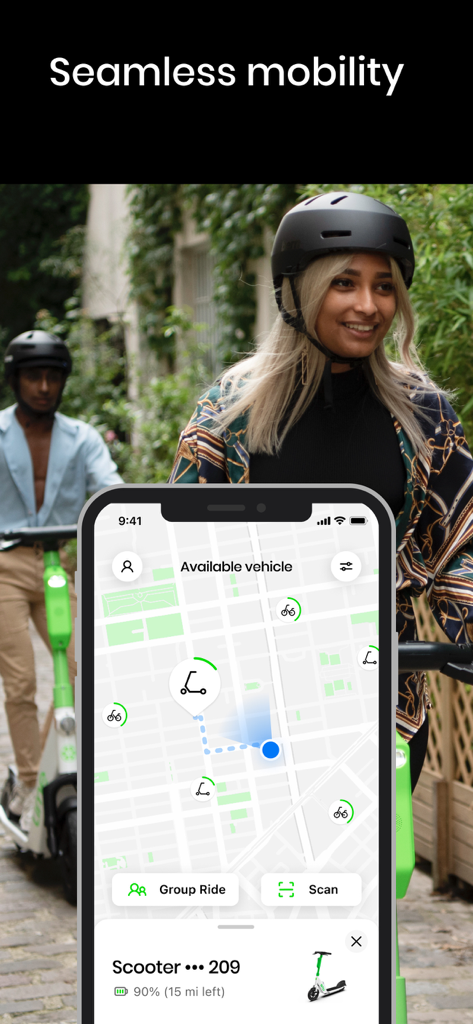 Smartphone showing the Lime app map with available scooters and a woman rider wearing a helmet.