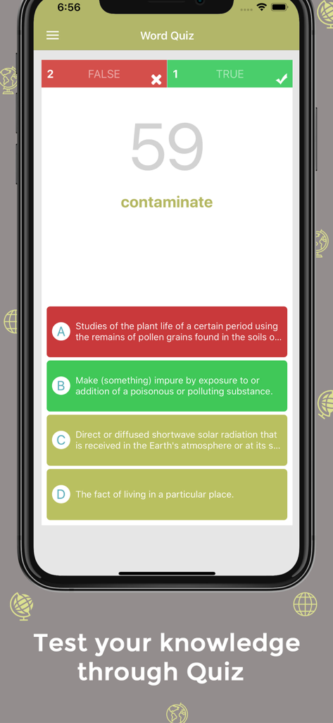 Geography Dictionary - Offline - Interfaz de la aplicación Diccionario de Geografía que muestra un cuestionario de palabras de opción múltiple con un temporizador de cuenta regresiva