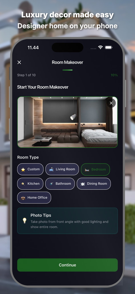 AI Home Decor : Room Makeover - AI Home Decor app screen showing room type selection for a bedroom makeover project.