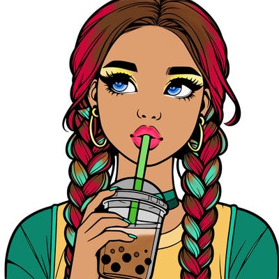 realistic girl with braided hair drinking boba