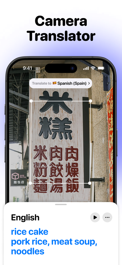 Aplicación Talk AI utilizando la función de traducción por cámara para traducir instantáneamente un letrero de restaurante extranjero al inglés