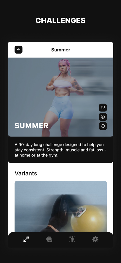 One Fitness App - Interfaccia dell'app One Fitness che mostra il programma di allenamento di 90 giorni "Summer Challenge" per forza e perdita di grasso.