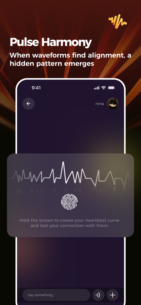 Smartphone screen showing VibeHouse Pulse Harmony feature for testing connection through heartbeat waveforms