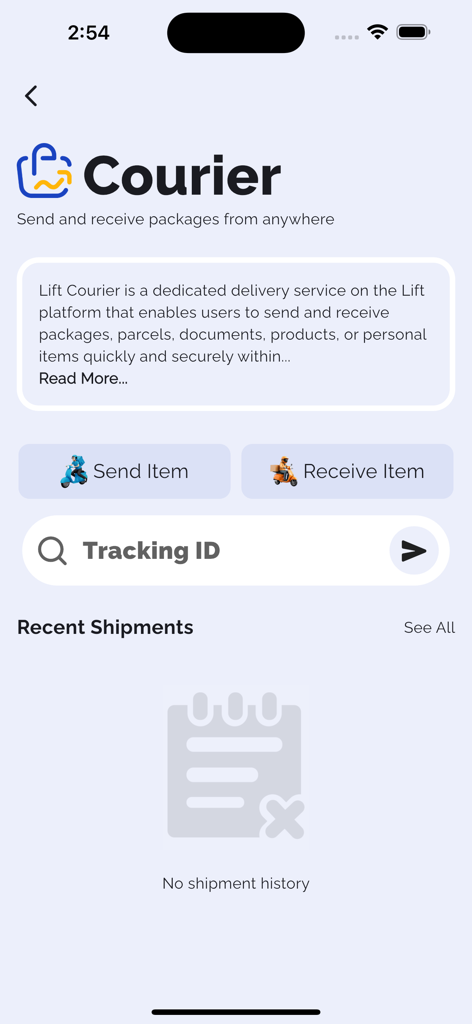 Lift: Book any ride - Lift app courier screen for sending and receiving items with a package tracking search bar