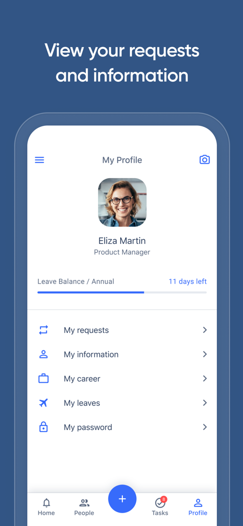 Employee profile screen in the Kolay HR app displaying leave balance and personal management options