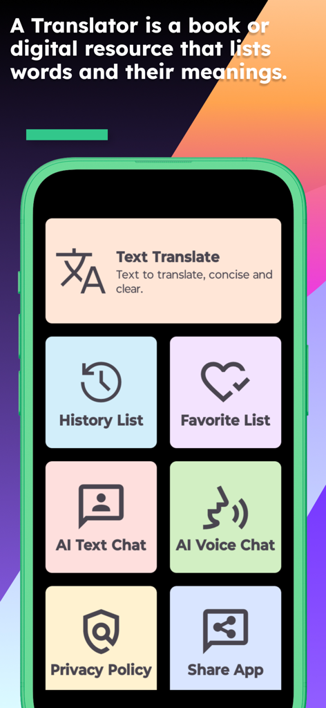 English - Punjabi Translator - 英語-パンジャブ語翻訳アプリのメインメニュー。テキスト翻訳、履歴、お気に入り、AIチャットのオプションが表示されています。