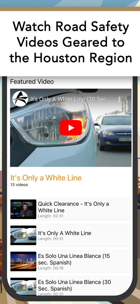 Road safety videos section in the Houston TranStar app featuring local traffic safety tips in English and Spanish