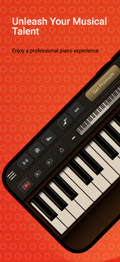 A smartphone displaying the Piano Sim app interface with a professional virtual keyboard and musical controls