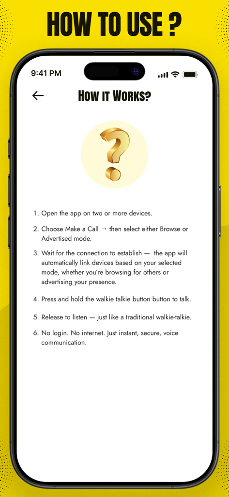 Walkie Talkie Offline - Instrucciones paso a paso sobre cómo usar la aplicación Walkie Talkie Offline para una comunicación de voz instantánea.