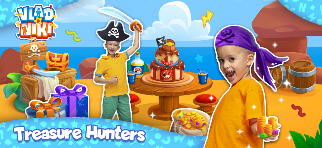 Vlad and Niki dressed as pirates celebrating a birthday on a treasure island with cake and presents