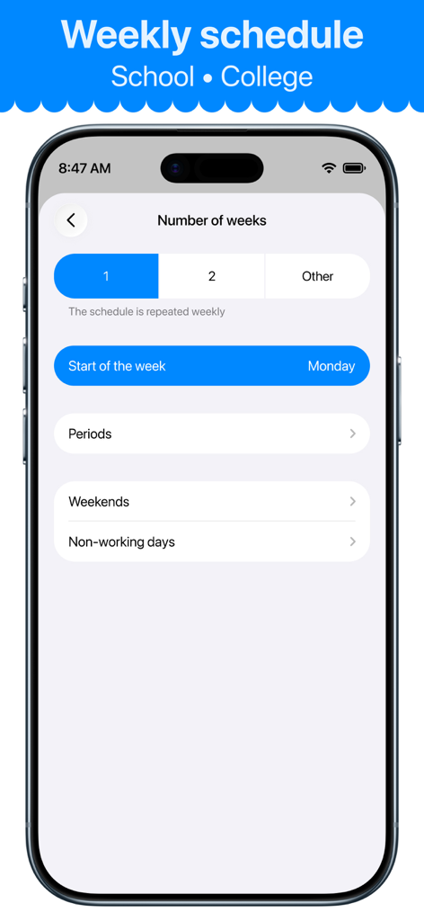 Smart Timetable: Daily Planner - Pantalla de configuración del horario semanal para la planificación de estudiantes de escuela y universidad